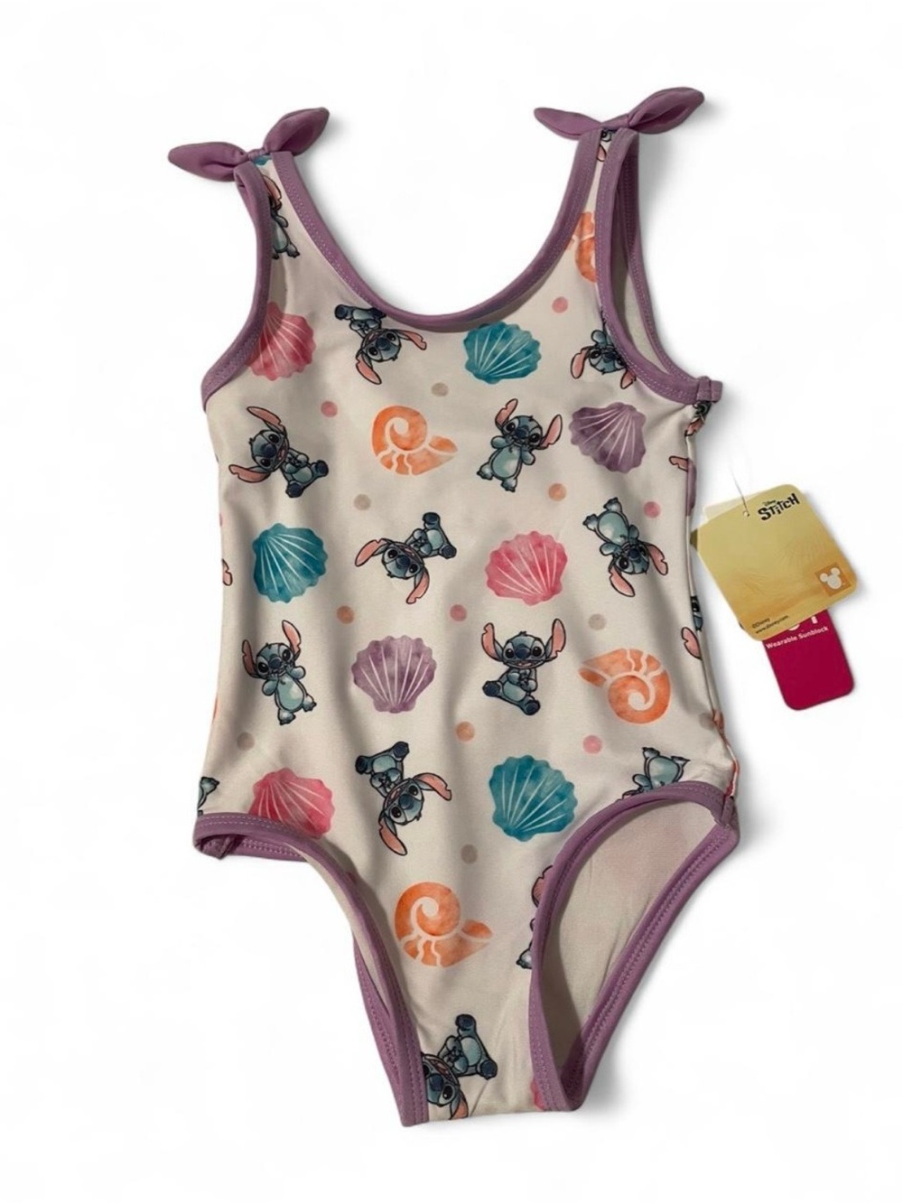 Disney Girls One-Piece Swimsuit with Lavender Trim and Multicolor Shells
